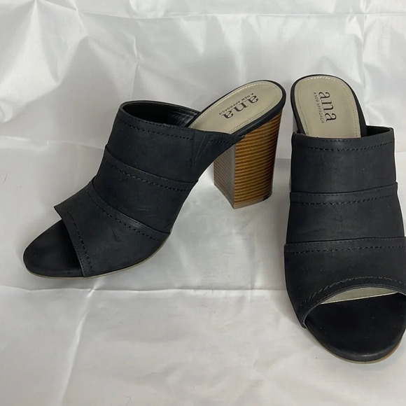ANA Roanoke Chunky Heel Mules Black Faux Leather Open Almond Toe Shoes Size 10 - Picture 6 of 12